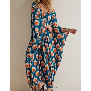 NEW Free People Groovy Baby Maxi Kaftan Dress Cover Up Blue Orange One Size